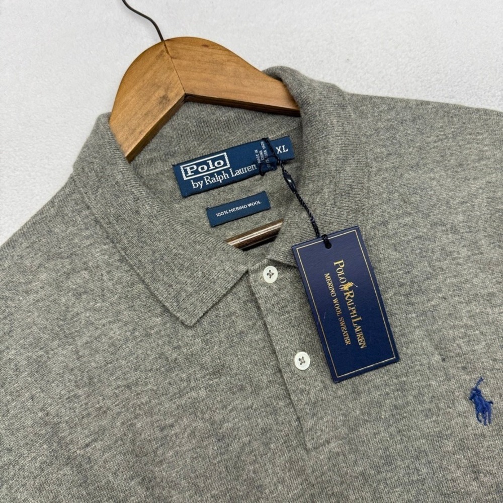 Vintage Ralph Lauren Sweater Polo Mens XL Grey Merino Wool Long Sleeve Deadstock